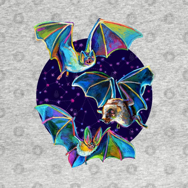 Psychedelic Bat Trio Pattern on Blue by RobertPhelpsArt